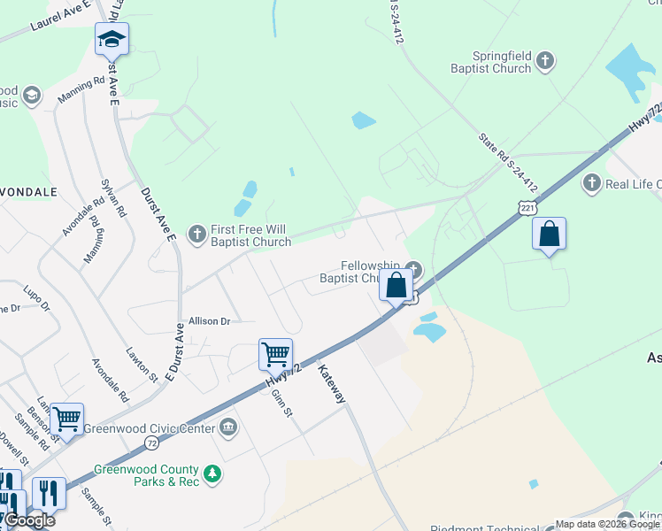 map of restaurants, bars, coffee shops, grocery stores, and more near 320 State Road S-24-51 in Greenwood