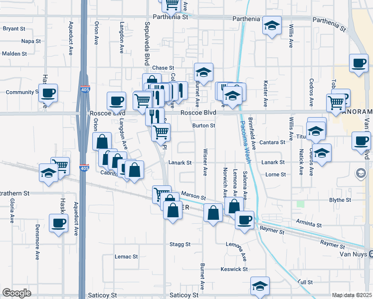 map of restaurants, bars, coffee shops, grocery stores, and more near 15219 Willard Street in Los Angeles