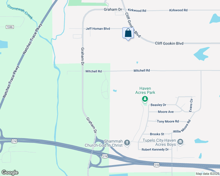 map of restaurants, bars, coffee shops, grocery stores, and more near 3543 Mitchell Road in Tupelo