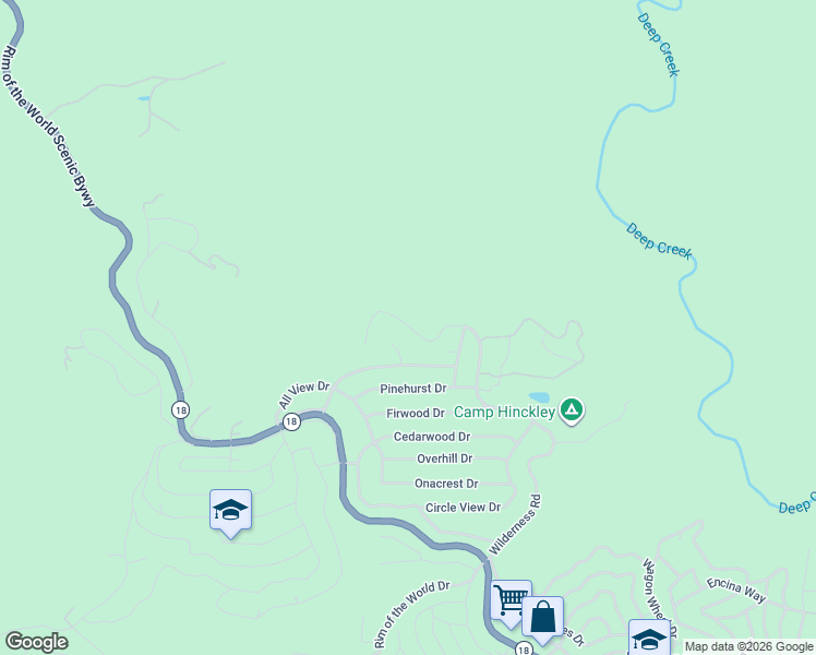 map of restaurants, bars, coffee shops, grocery stores, and more near 1717 Wilderness Road in Running Springs