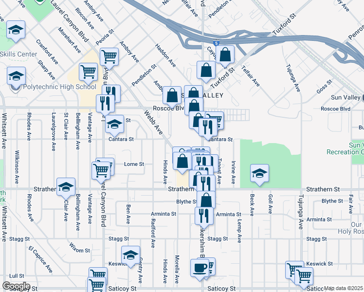 map of restaurants, bars, coffee shops, grocery stores, and more near 8163 Lankershim Boulevard in Los Angeles