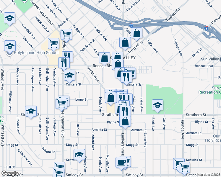 map of restaurants, bars, coffee shops, grocery stores, and more near 8163 Lankershim Boulevard in Los Angeles