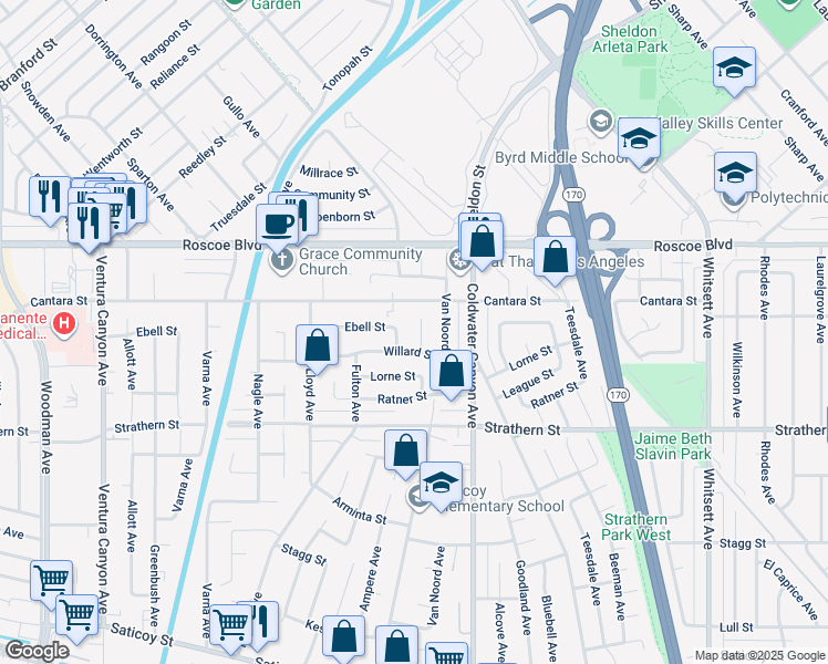 map of restaurants, bars, coffee shops, grocery stores, and more near 6227 Morse Avenue in Los Angeles