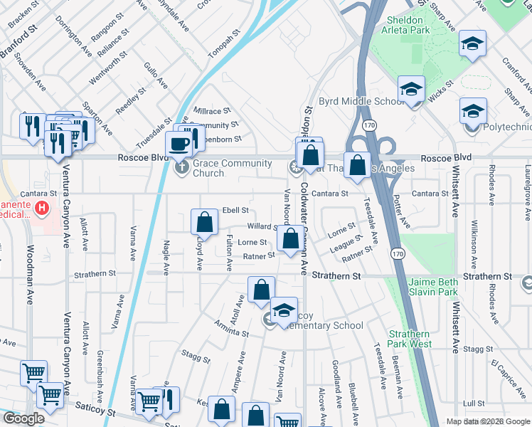 map of restaurants, bars, coffee shops, grocery stores, and more near 6227 Morse Avenue in Los Angeles