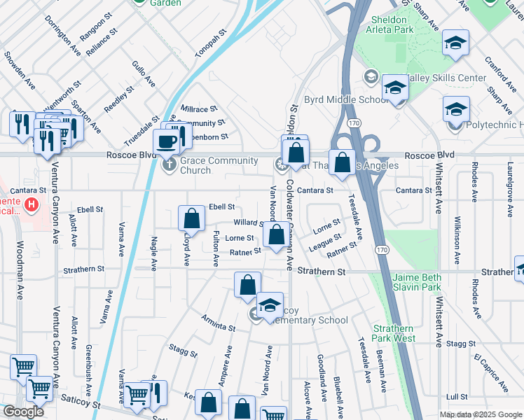 map of restaurants, bars, coffee shops, grocery stores, and more near 6232 Morse Avenue in Los Angeles