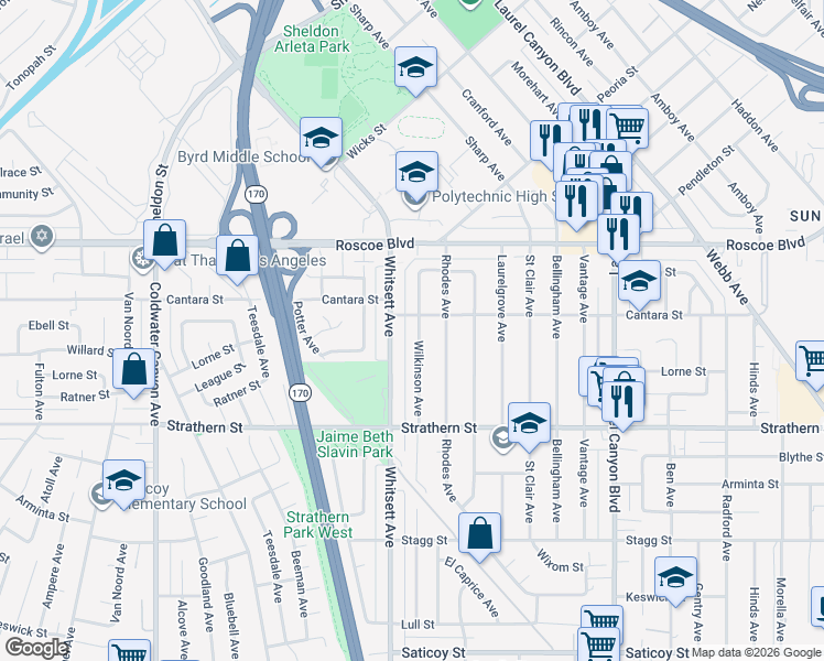 map of restaurants, bars, coffee shops, grocery stores, and more near 8141 Wilkinson Avenue in Los Angeles