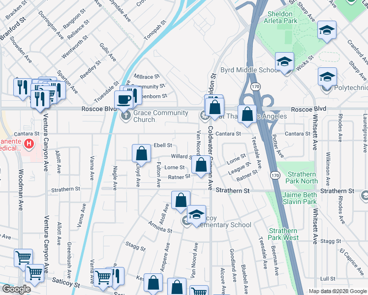 map of restaurants, bars, coffee shops, grocery stores, and more near 6247 Morse Avenue in Los Angeles
