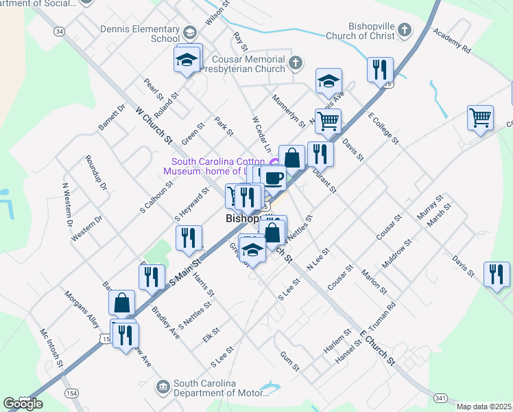 map of restaurants, bars, coffee shops, grocery stores, and more near 123 North Main Street in Bishopville