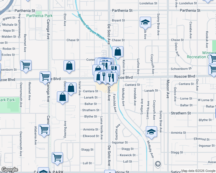 map of restaurants, bars, coffee shops, grocery stores, and more near 8219 De Soto Avenue in Los Angeles