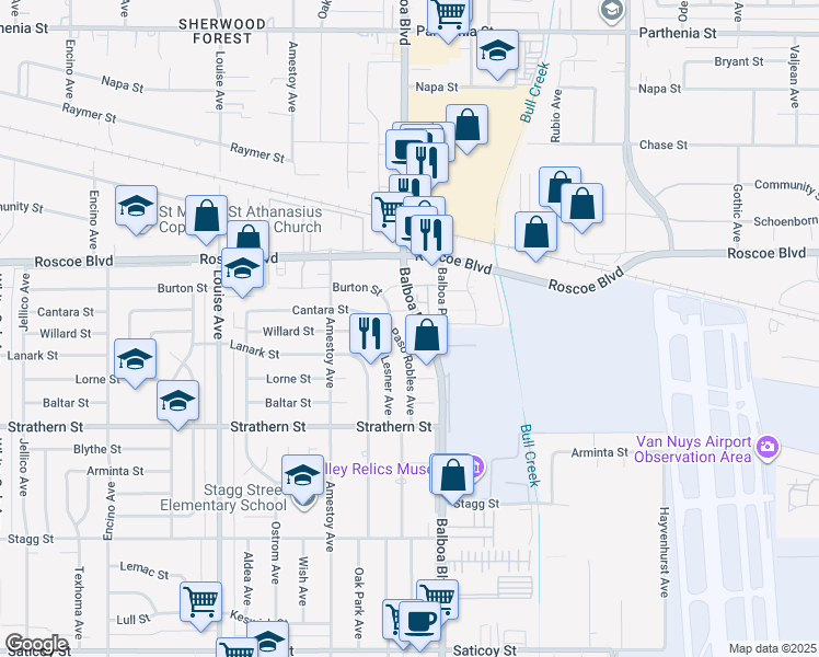 map of restaurants, bars, coffee shops, grocery stores, and more near 16937 Willard Street in Los Angeles