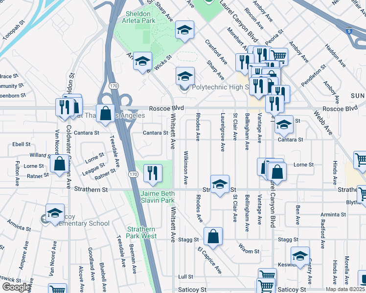 map of restaurants, bars, coffee shops, grocery stores, and more near 8141 Wilkinson Avenue in Los Angeles