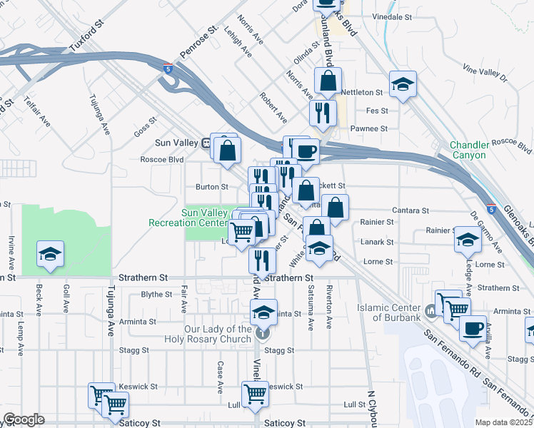 map of restaurants, bars, coffee shops, grocery stores, and more near in Los Angeles