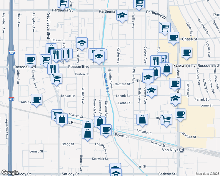 map of restaurants, bars, coffee shops, grocery stores, and more near 8133 Brimfield Avenue in Los Angeles