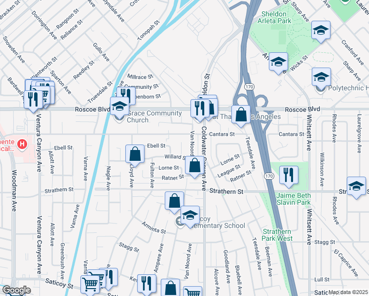 map of restaurants, bars, coffee shops, grocery stores, and more near 6342 Morse Avenue in Los Angeles