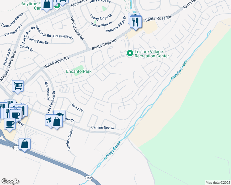 map of restaurants, bars, coffee shops, grocery stores, and more near 17223 Village 17 in Camarillo