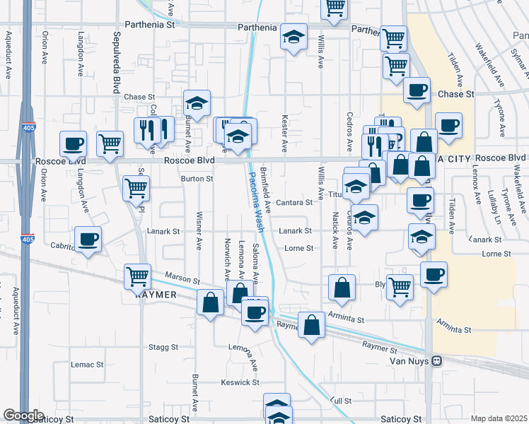 map of restaurants, bars, coffee shops, grocery stores, and more near 8133 Brimfield Avenue in Los Angeles