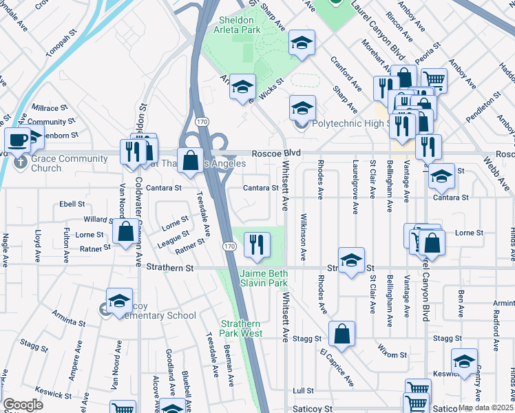 map of restaurants, bars, coffee shops, grocery stores, and more near 12551 Willard Street in Los Angeles