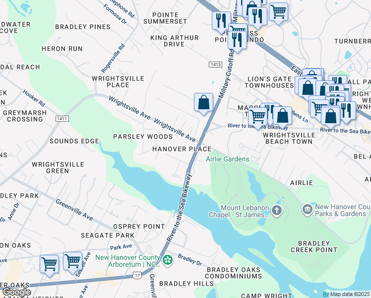 map of restaurants, bars, coffee shops, grocery stores, and more near 6328 Wrightsville Avenue in Wilmington