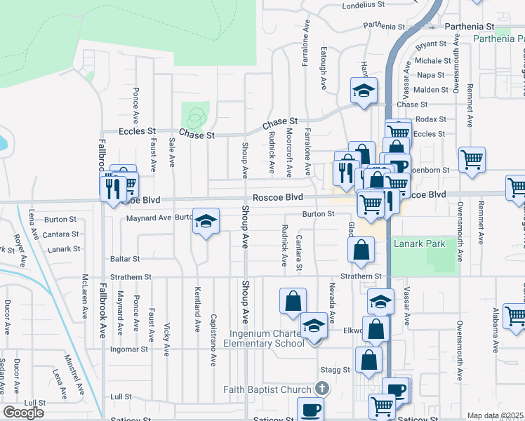 map of restaurants, bars, coffee shops, grocery stores, and more near 22340 Roscoe Boulevard in Los Angeles