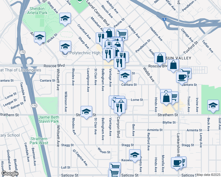map of restaurants, bars, coffee shops, grocery stores, and more near 8163 Vantage Avenue in Los Angeles