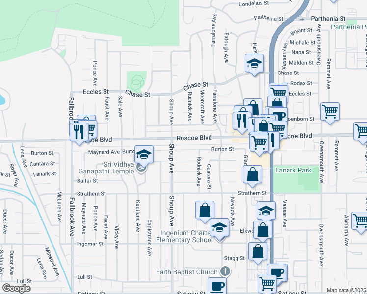 map of restaurants, bars, coffee shops, grocery stores, and more near 22340 Roscoe Boulevard in Los Angeles