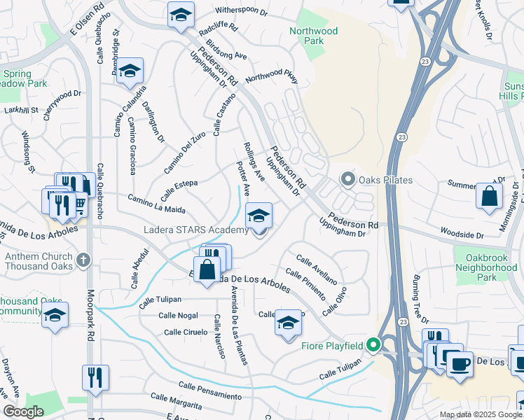 map of restaurants, bars, coffee shops, grocery stores, and more near 2926 Potter Avenue in Thousand Oaks