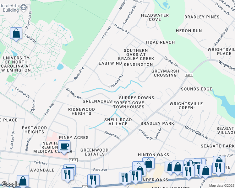 map of restaurants, bars, coffee shops, grocery stores, and more near 5442 Eastwind Road in Wilmington