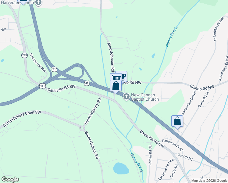 map of restaurants, bars, coffee shops, grocery stores, and more near 345 Bishop Road Northwest in Cartersville