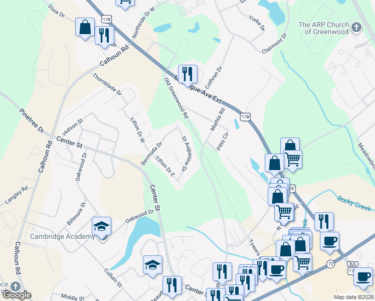 map of restaurants, bars, coffee shops, grocery stores, and more near 211 Saint Augustine Drive in Greenwood