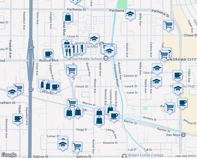 map of restaurants, bars, coffee shops, grocery stores, and more near 8135 Noble Avenue in Los Angeles