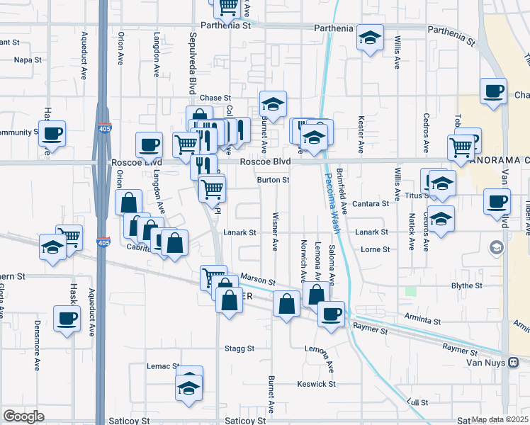 map of restaurants, bars, coffee shops, grocery stores, and more near 8134 Burnet Avenue in Los Angeles
