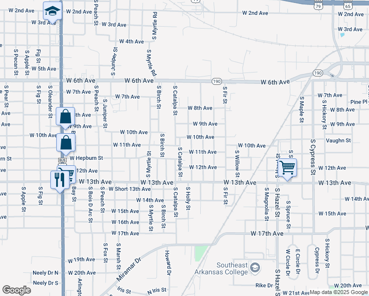 map of restaurants, bars, coffee shops, grocery stores, and more near 2900 West 10th Avenue in Pine Bluff