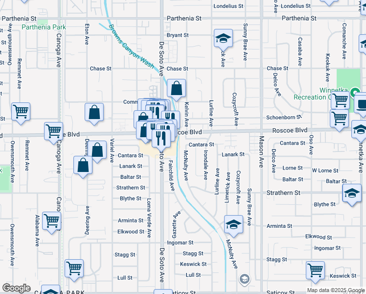 map of restaurants, bars, coffee shops, grocery stores, and more near 8159 McNulty Avenue in Los Angeles
