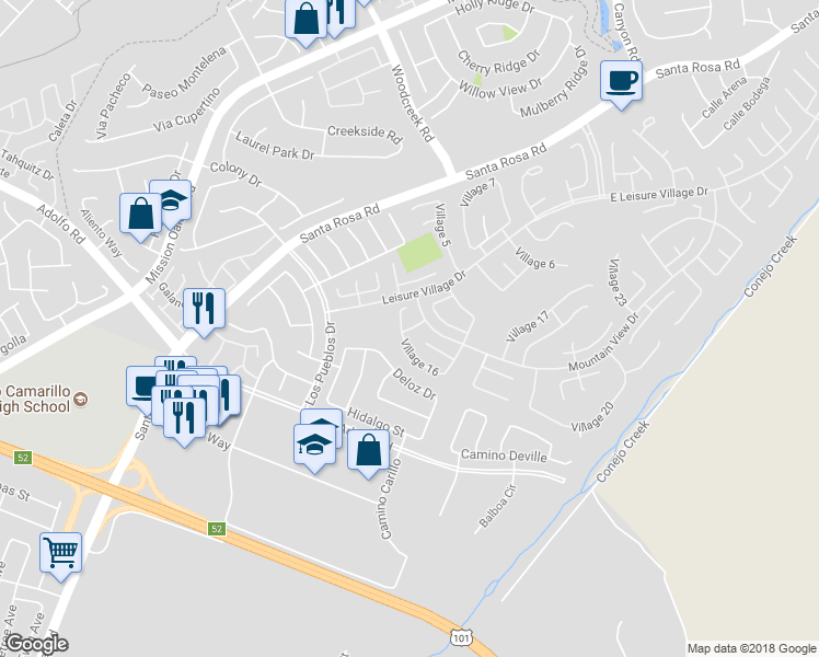 map of restaurants, bars, coffee shops, grocery stores, and more near 30027 Village Drive in Camarillo