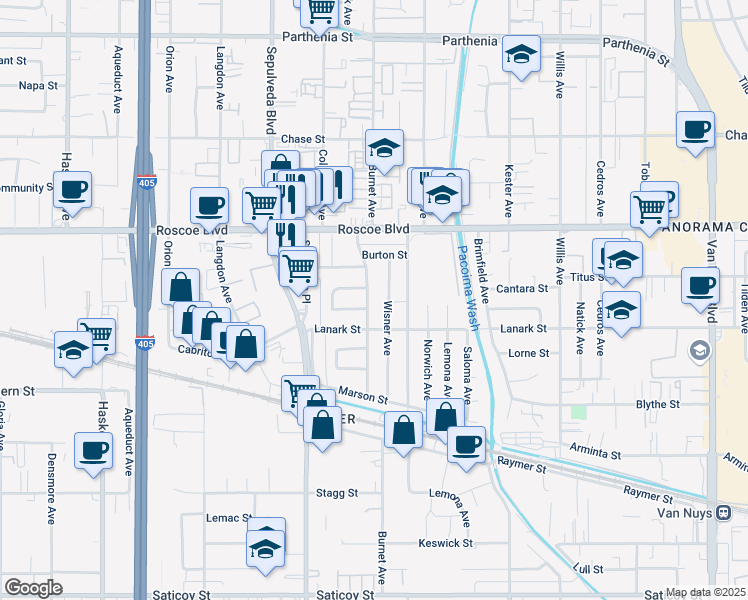 map of restaurants, bars, coffee shops, grocery stores, and more near 8134 Burnet Avenue in Los Angeles