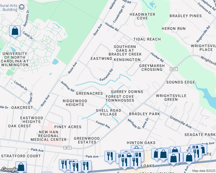 map of restaurants, bars, coffee shops, grocery stores, and more near 5813 Wrightsville Avenue in Wilmington