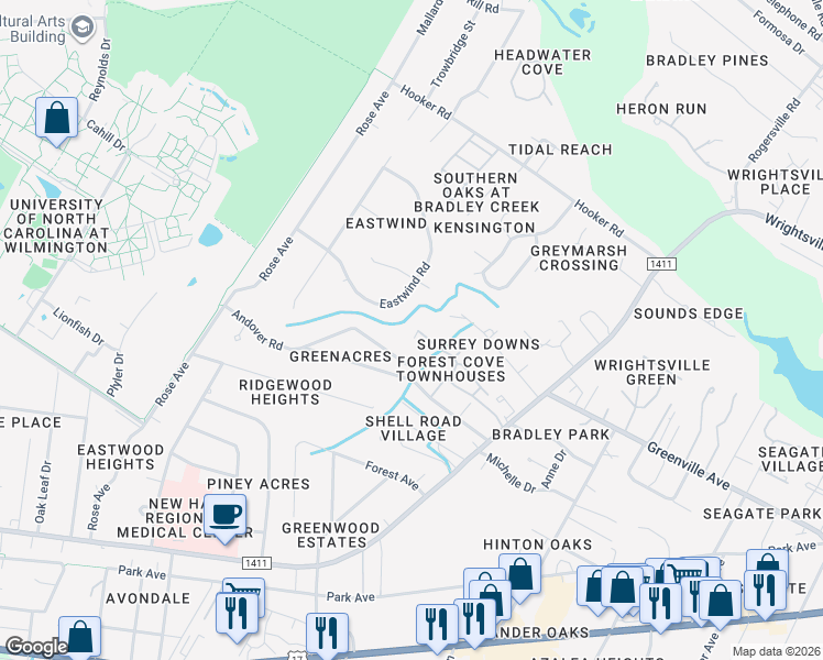 map of restaurants, bars, coffee shops, grocery stores, and more near 5442 Eastwind Road in Wilmington