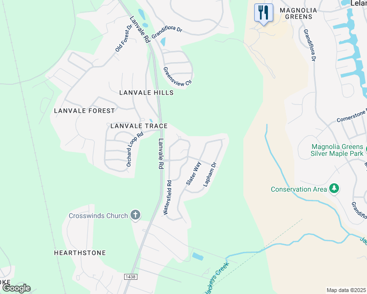 map of restaurants, bars, coffee shops, grocery stores, and more near 129 Woodford Road Northeast in Leland