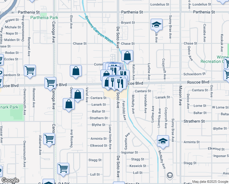 map of restaurants, bars, coffee shops, grocery stores, and more near 8301 De Soto Avenue in Los Angeles