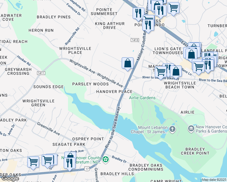map of restaurants, bars, coffee shops, grocery stores, and more near 6328 Wrightsville Avenue in Wilmington