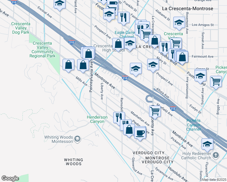 map of restaurants, bars, coffee shops, grocery stores, and more near 3030 Montrose Avenue in Glendale