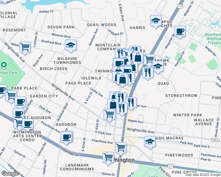map of restaurants, bars, coffee shops, grocery stores, and more near 4230 Wilshire Boulevard in Wilmington