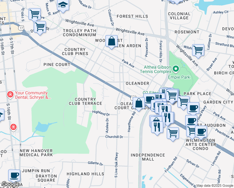 map of restaurants, bars, coffee shops, grocery stores, and more near 2726 Oleander Drive in Wilmington