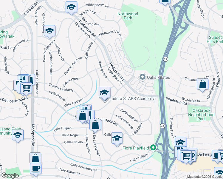 map of restaurants, bars, coffee shops, grocery stores, and more near 1288 Potter Avenue in Thousand Oaks
