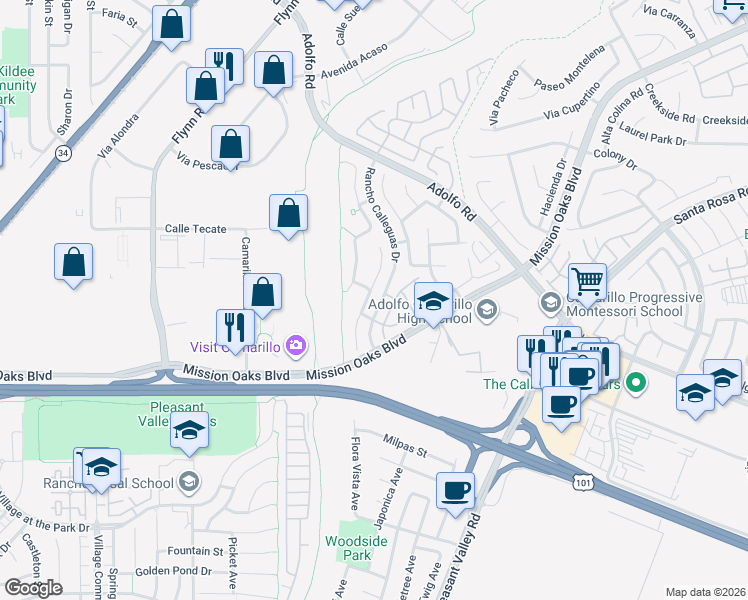 map of restaurants, bars, coffee shops, grocery stores, and more near 290 Via Olivera in Camarillo