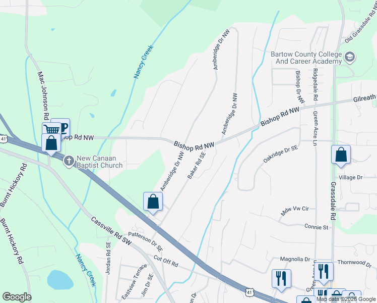 map of restaurants, bars, coffee shops, grocery stores, and more near 178 Bishop Road Northwest in Cartersville