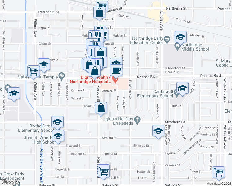 map of restaurants, bars, coffee shops, grocery stores, and more near 8151 Darby Avenue in Los Angeles