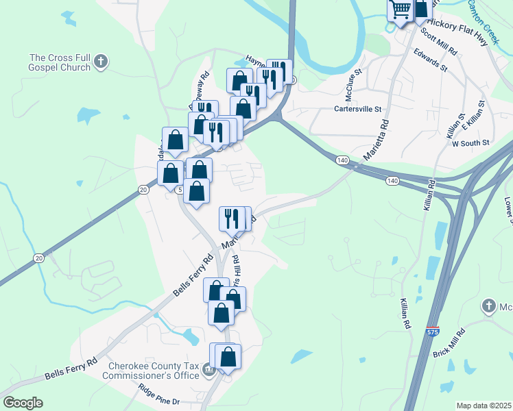 map of restaurants, bars, coffee shops, grocery stores, and more near 591 Jackie Moore Lane in Canton
