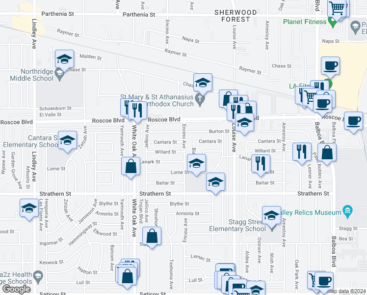 map of restaurants, bars, coffee shops, grocery stores, and more near 8161 Encino Avenue in Los Angeles