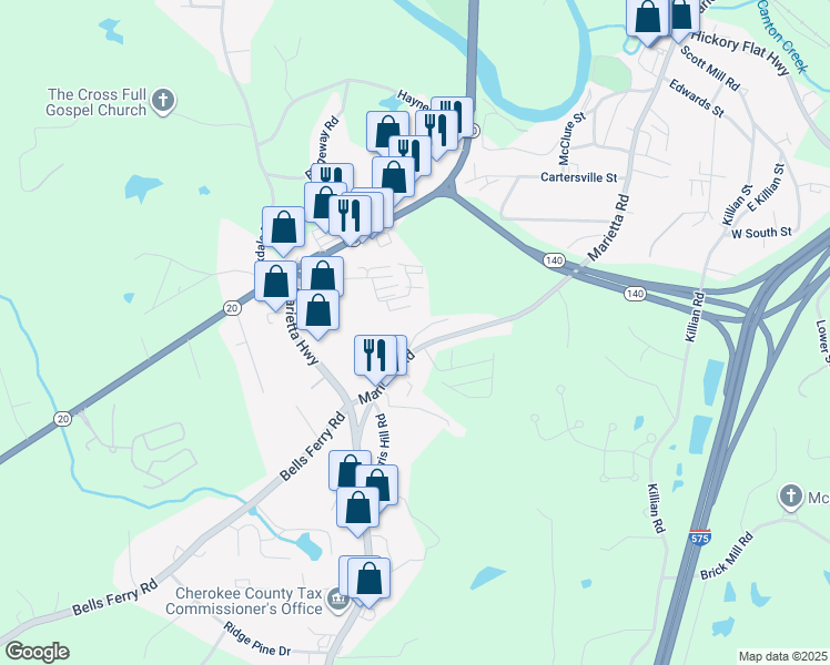 map of restaurants, bars, coffee shops, grocery stores, and more near 591 Jackie Moore Lane in Canton